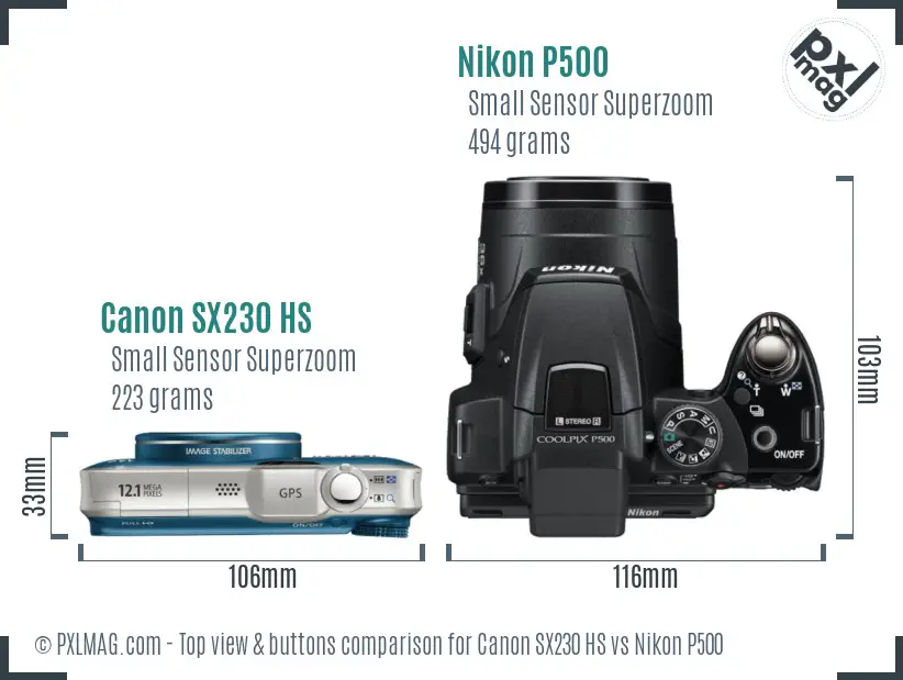 Canon SX230 HS vs Nikon P500 top view buttons comparison