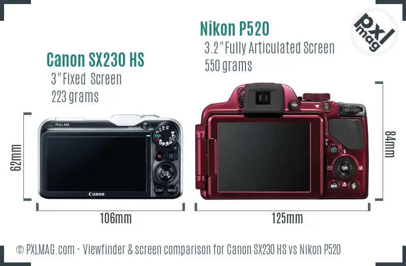 Canon SX230 HS vs Nikon P520 Screen and Viewfinder comparison