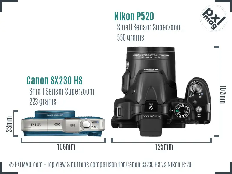 Canon SX230 HS vs Nikon P520 top view buttons comparison