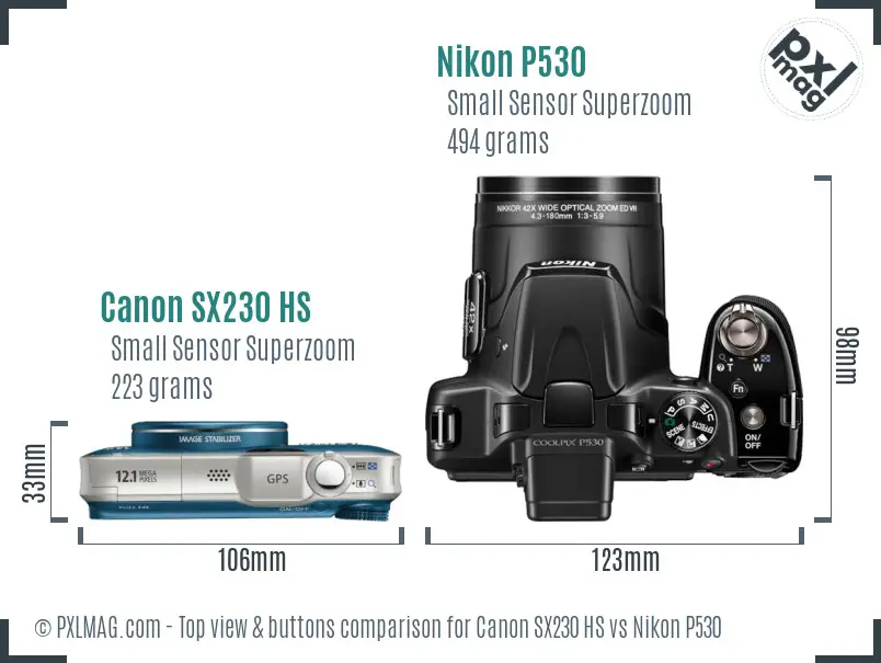 Canon SX230 HS vs Nikon P530 top view buttons comparison