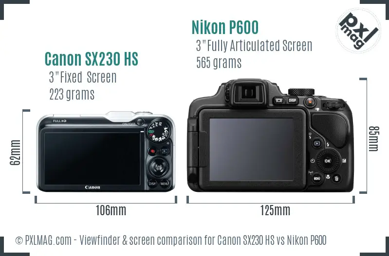 Canon SX230 HS vs Nikon P600 Screen and Viewfinder comparison