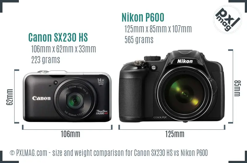 Canon SX230 HS vs Nikon P600 size comparison