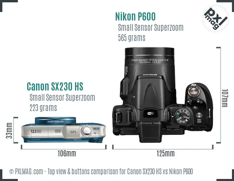 Canon SX230 HS vs Nikon P600 top view buttons comparison