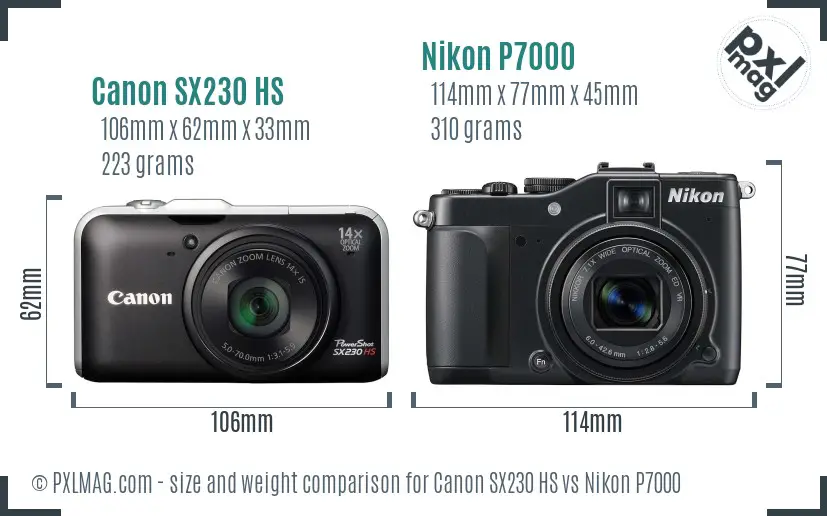Canon SX230 HS vs Nikon P7000 size comparison