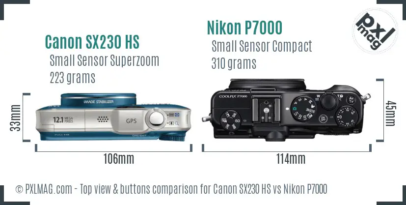 Canon SX230 HS vs Nikon P7000 top view buttons comparison