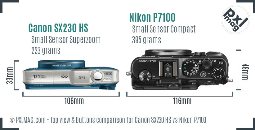 Canon SX230 HS vs Nikon P7100 top view buttons comparison Canon SX230 HS vs Nikon P7100 top view buttons comparison