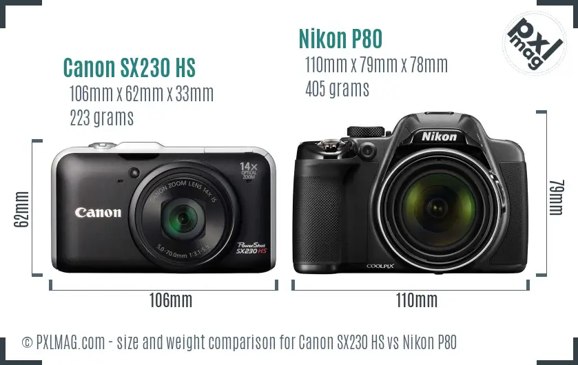 Canon SX230 HS vs Nikon P80 size comparison