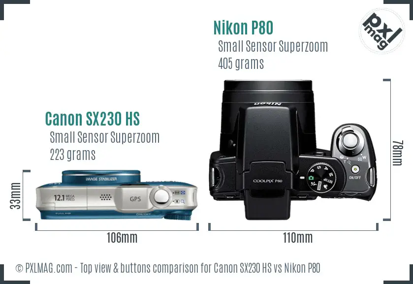 Canon SX230 HS vs Nikon P80 top view buttons comparison