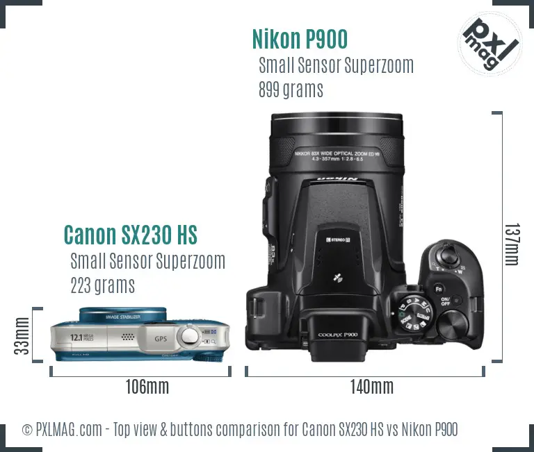 Canon SX230 HS vs Nikon P900 top view buttons comparison
