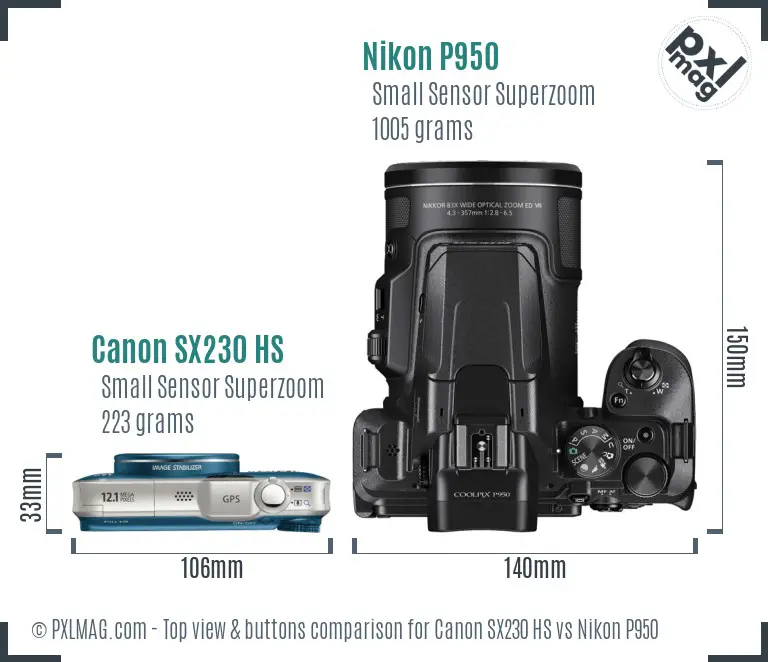 Canon SX230 HS vs Nikon P950 top view buttons comparison