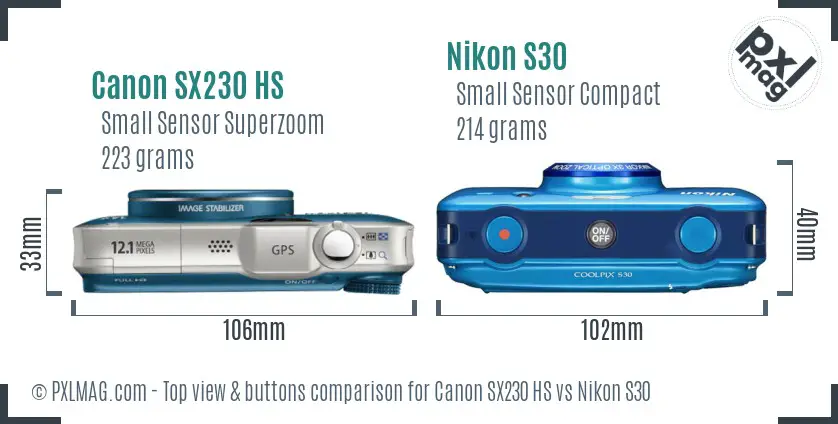 Canon SX230 HS vs Nikon S30 top view buttons comparison