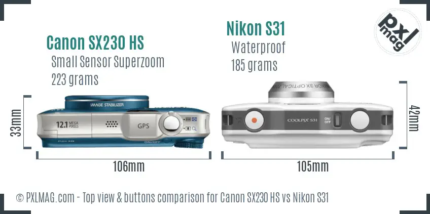 Canon SX230 HS vs Nikon S31 top view buttons comparison