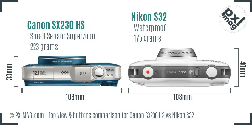 Canon SX230 HS vs Nikon S32 top view buttons comparison Canon SX230 HS vs Nikon S32 top view buttons comparison