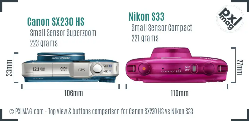 Canon SX230 HS vs Nikon S33 top view buttons comparison