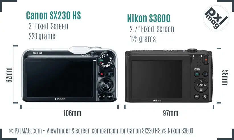 Canon SX230 HS vs Nikon S3600 Screen and Viewfinder comparison