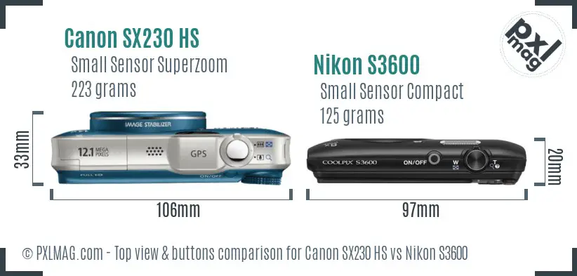 Canon SX230 HS vs Nikon S3600 top view buttons comparison