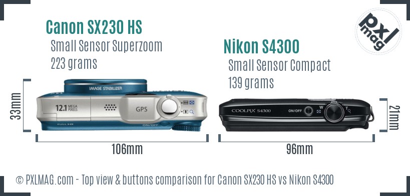 Canon SX230 HS vs Nikon S4300 top view buttons comparison