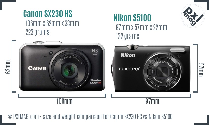 Canon SX230 HS vs Nikon S5100 size comparison