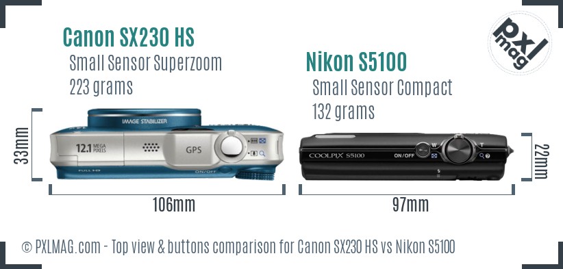 Canon SX230 HS vs Nikon S5100 top view buttons comparison