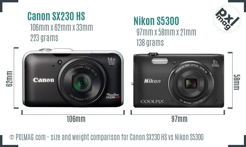 Canon SX230 HS vs Nikon S5300 size comparison