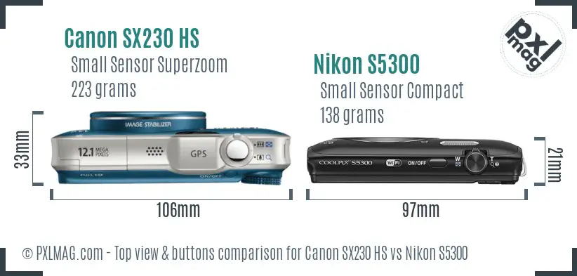 Canon SX230 HS vs Nikon S5300 top view buttons comparison