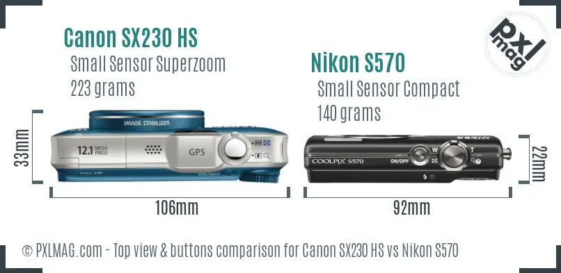 Canon SX230 HS vs Nikon S570 top view buttons comparison