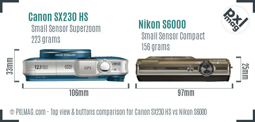 Canon SX230 HS vs Nikon S6000 top view buttons comparison