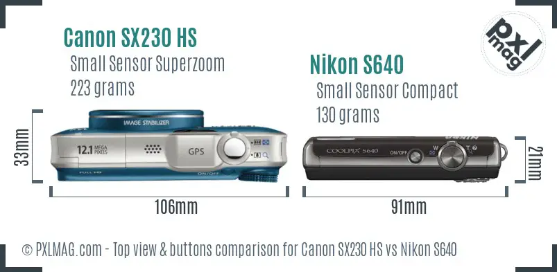 Canon SX230 HS vs Nikon S640 top view buttons comparison