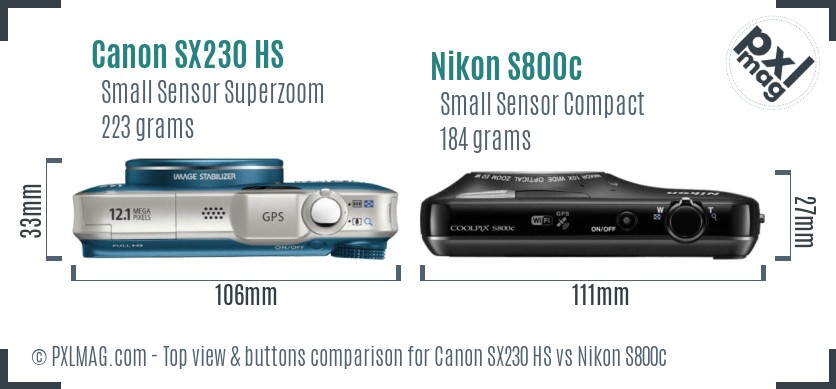 Canon SX230 HS vs Nikon S800c top view buttons comparison