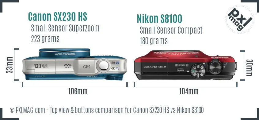 Canon SX230 HS vs Nikon S8100 top view buttons comparison
