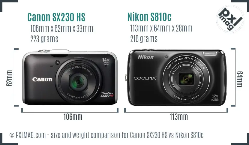 Canon SX230 HS vs Nikon S810c size comparison