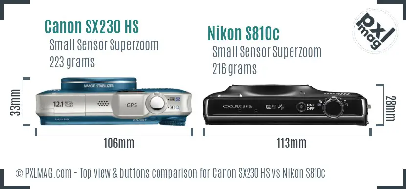 Canon SX230 HS vs Nikon S810c top view buttons comparison