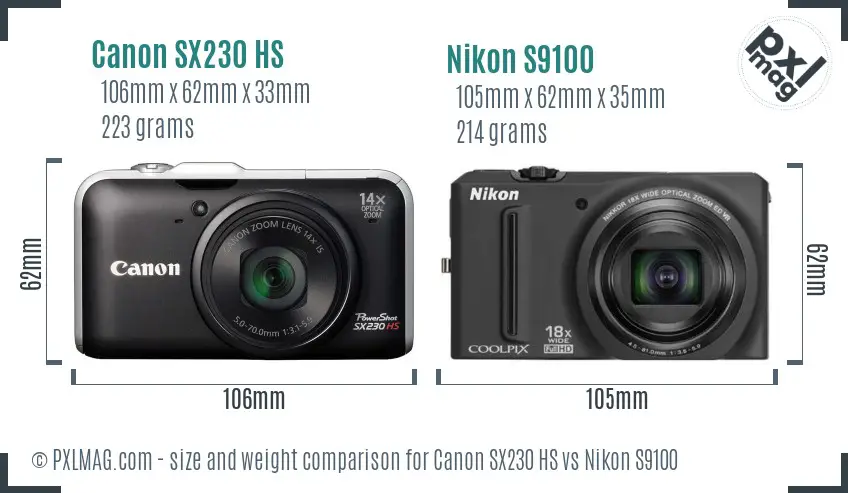 Canon SX230 HS vs Nikon S9100 size comparison