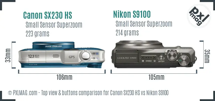 Canon SX230 HS vs Nikon S9100 top view buttons comparison