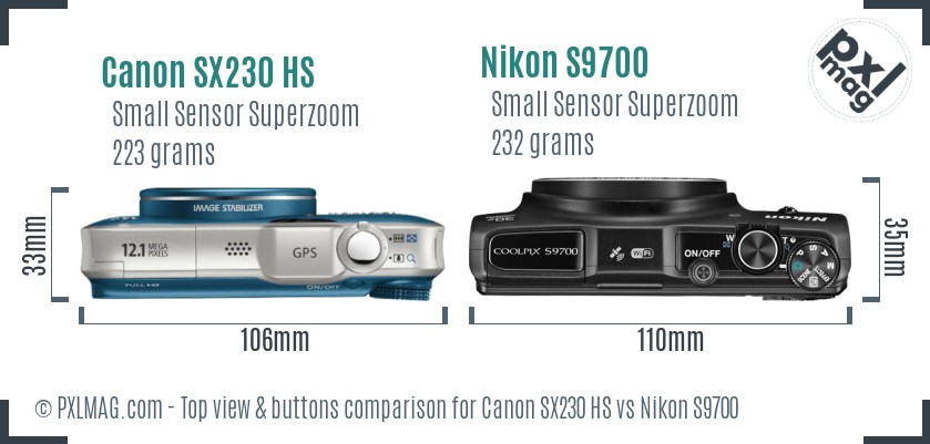 Canon SX230 HS vs Nikon S9700 top view buttons comparison