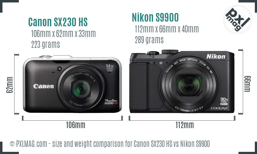 Canon SX230 HS vs Nikon S9900 size comparison