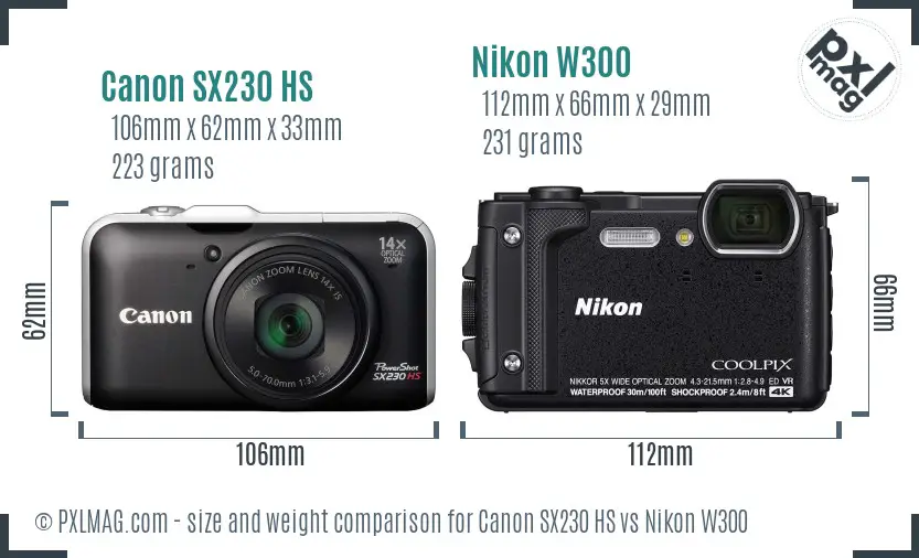 Canon SX230 HS vs Nikon W300 size comparison