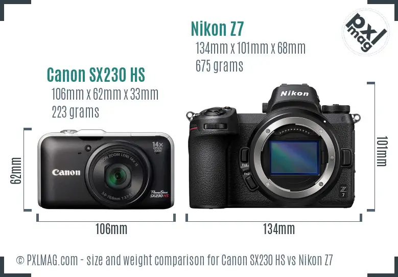 Canon SX230 HS vs Nikon Z7 size comparison