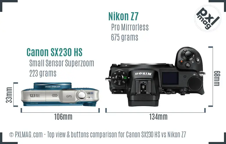 Canon SX230 HS vs Nikon Z7 top view buttons comparison