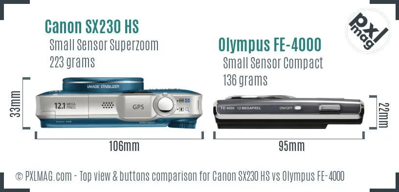 Canon SX230 HS vs Olympus FE-4000 top view buttons comparison Canon SX230 HS vs Olympus FE-4000 top view buttons comparison