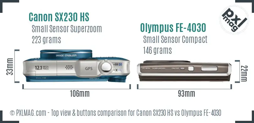 Canon SX230 HS vs Olympus FE-4030 top view buttons comparison