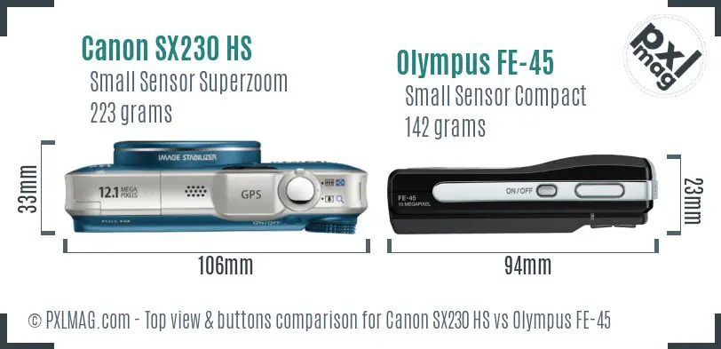 Canon SX230 HS vs Olympus FE-45 top view buttons comparison