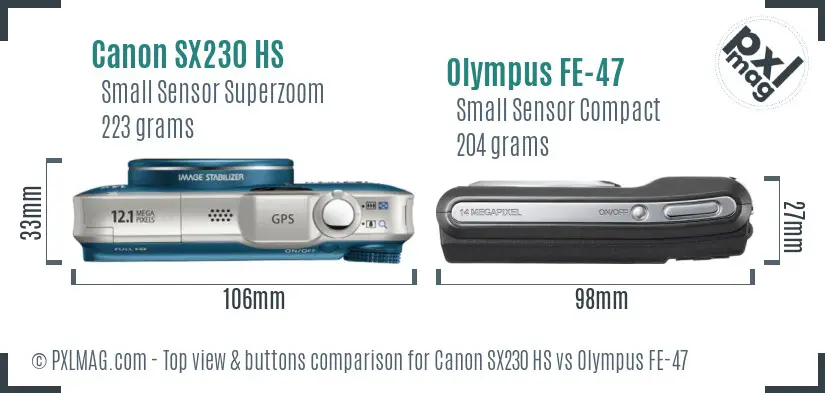 Canon SX230 HS vs Olympus FE-47 top view buttons comparison