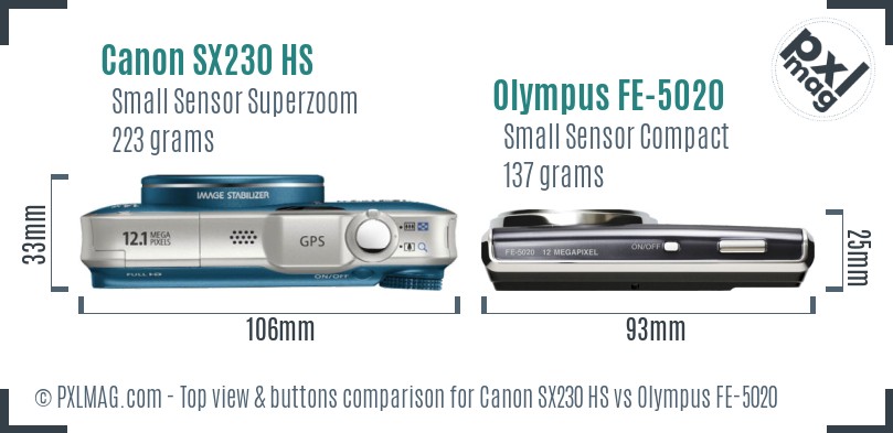 Canon SX230 HS vs Olympus FE-5020 top view buttons comparison