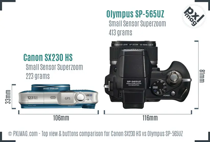 Canon SX230 HS vs Olympus SP-565UZ top view buttons comparison