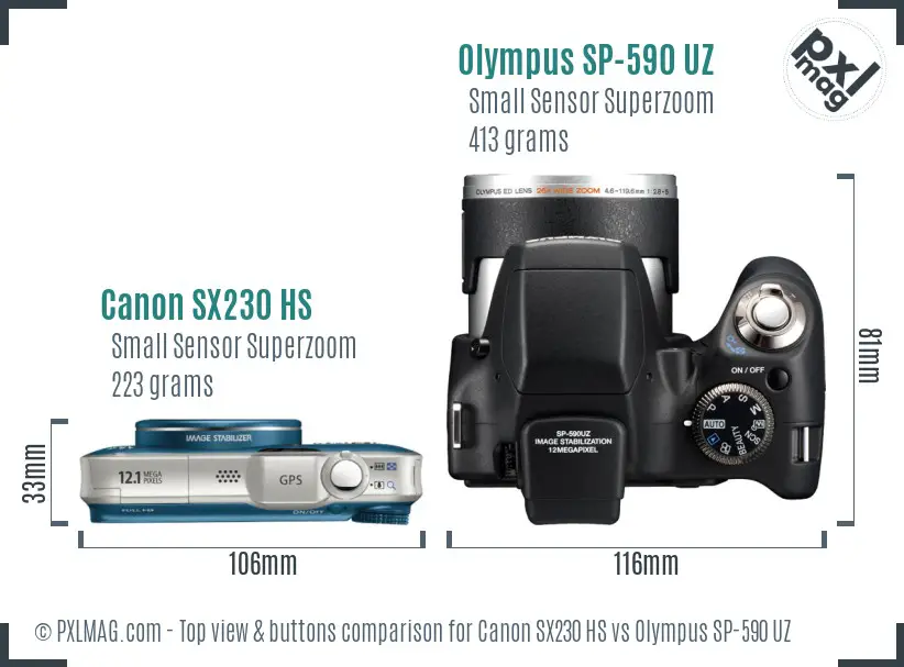 Canon SX230 HS vs Olympus SP-590 UZ top view buttons comparison