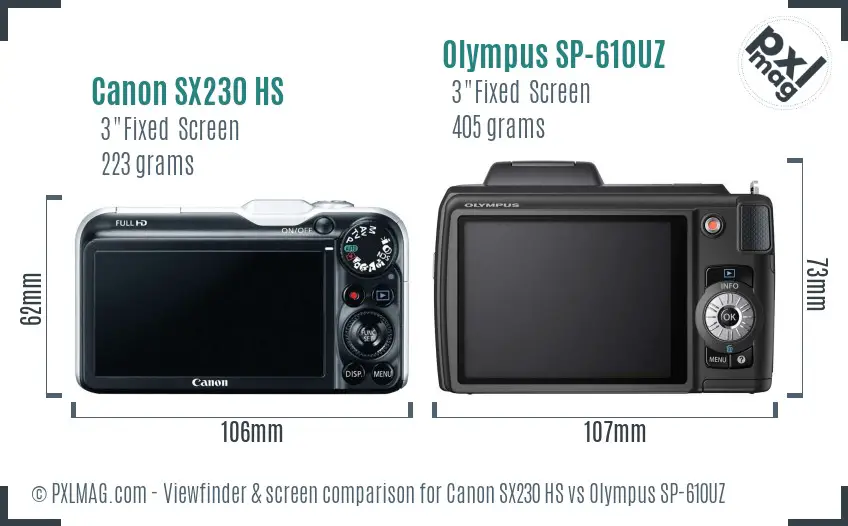 Canon SX230 HS vs Olympus SP-610UZ Screen and Viewfinder comparison