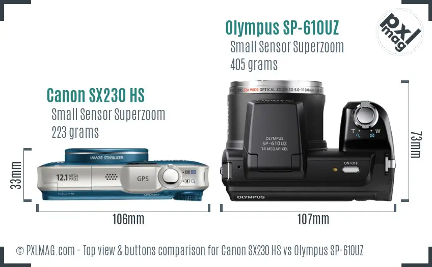 Canon SX230 HS vs Olympus SP-610UZ top view buttons comparison