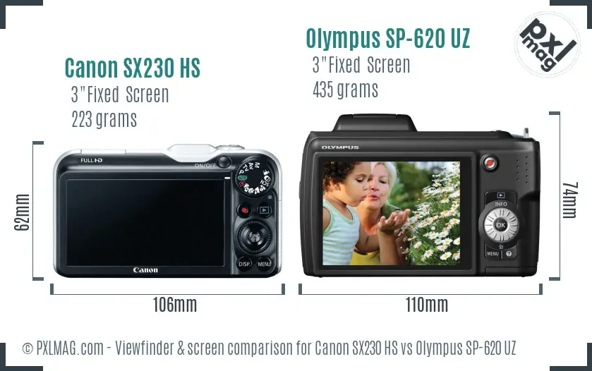 Canon SX230 HS vs Olympus SP-620 UZ Screen and Viewfinder comparison