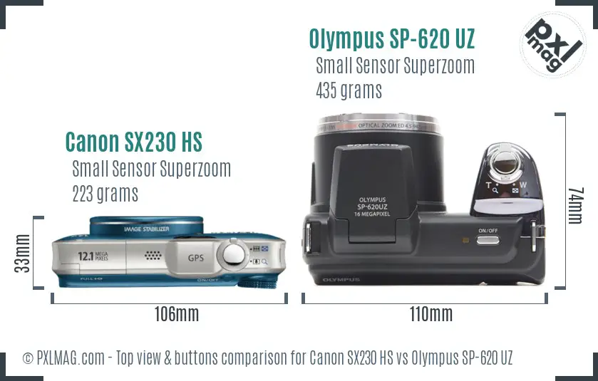 Canon SX230 HS vs Olympus SP-620 UZ top view buttons comparison